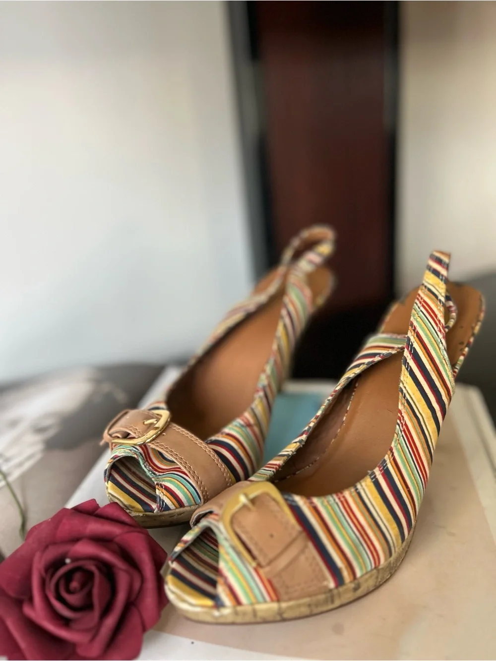 candies 9 Women's Multicolor Striped Peep-Toe Slingback Wedges